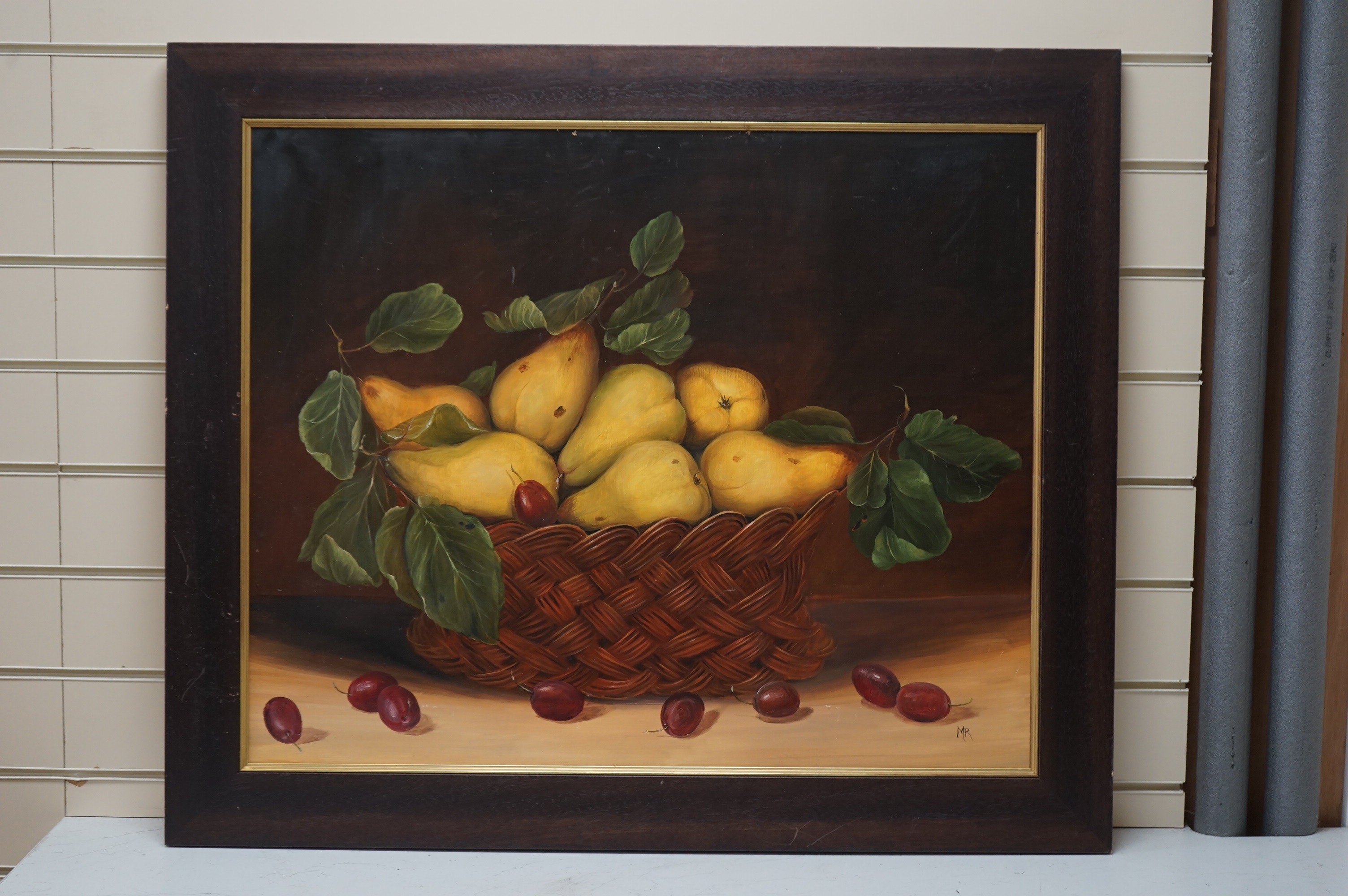 Dutch style oil on board, Still life of fruit in a basket, initialled M.R, 60 x 72cm. Condition - good